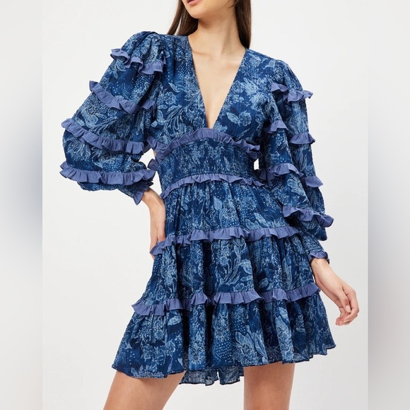 Elliatt Alvernia Ruffle Long Sleeve Mini Dress in Navy Blue Size XL - Picture 7 of 14